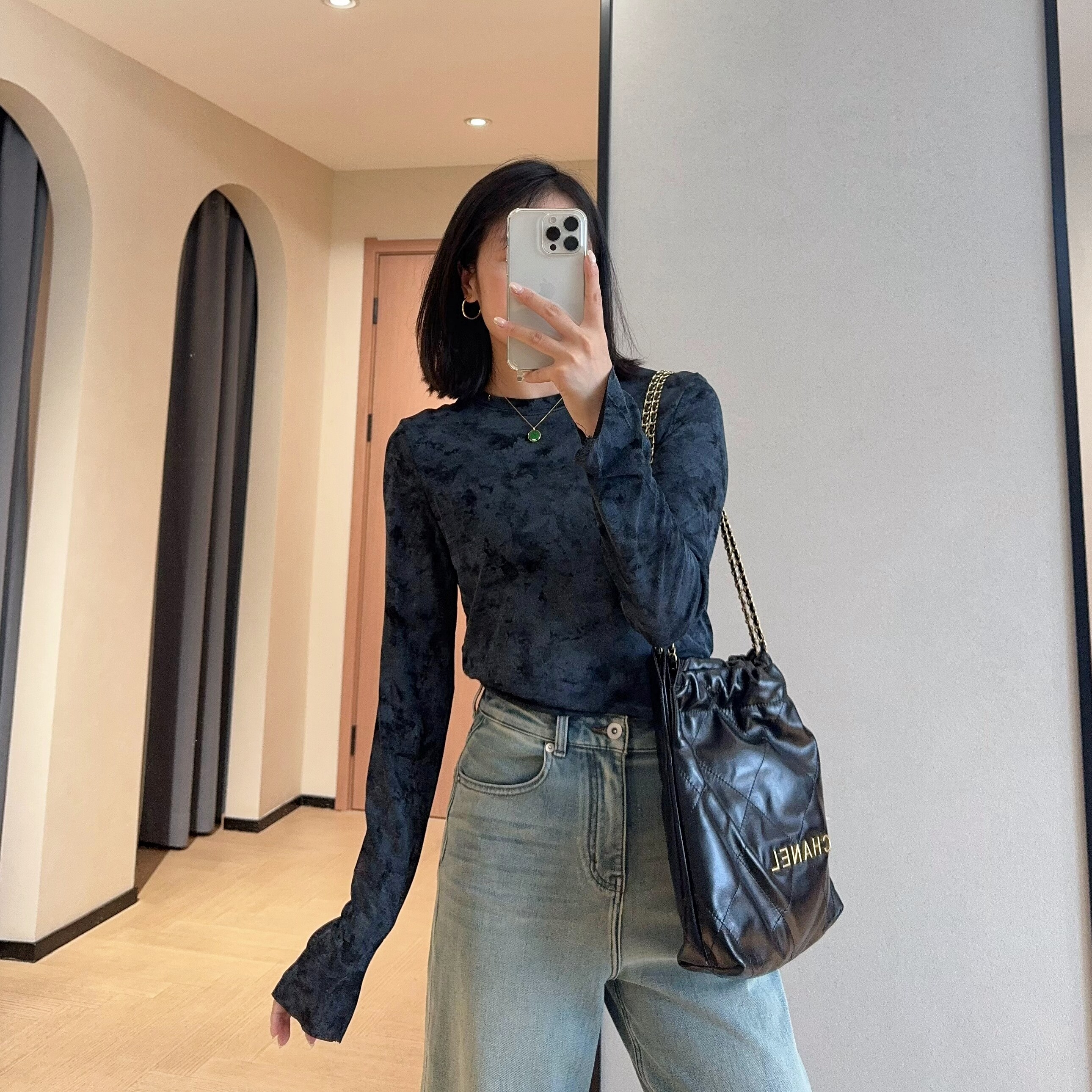 WTHEONE定制醋酸7A抗菌轻薄丝滑水墨画圆领直筒显瘦长袖T恤女春夏