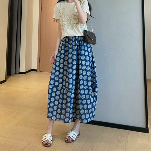 WTHEONE法式复古蓝调波点亚麻裙中长款A字花苞半身裙女2026新款夏