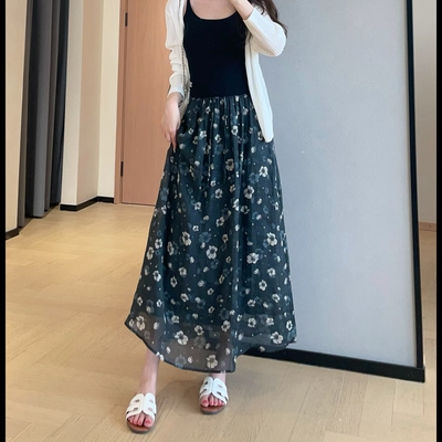 WTHEONE氛围感复古水墨碎花苎麻裙高腰A字中长款半身裙女2026新款