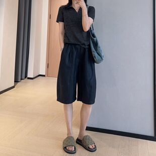 WTHEONE凉感神裤天丝亚麻花苞六分裤松紧腰宽松显瘦休闲中裤女夏