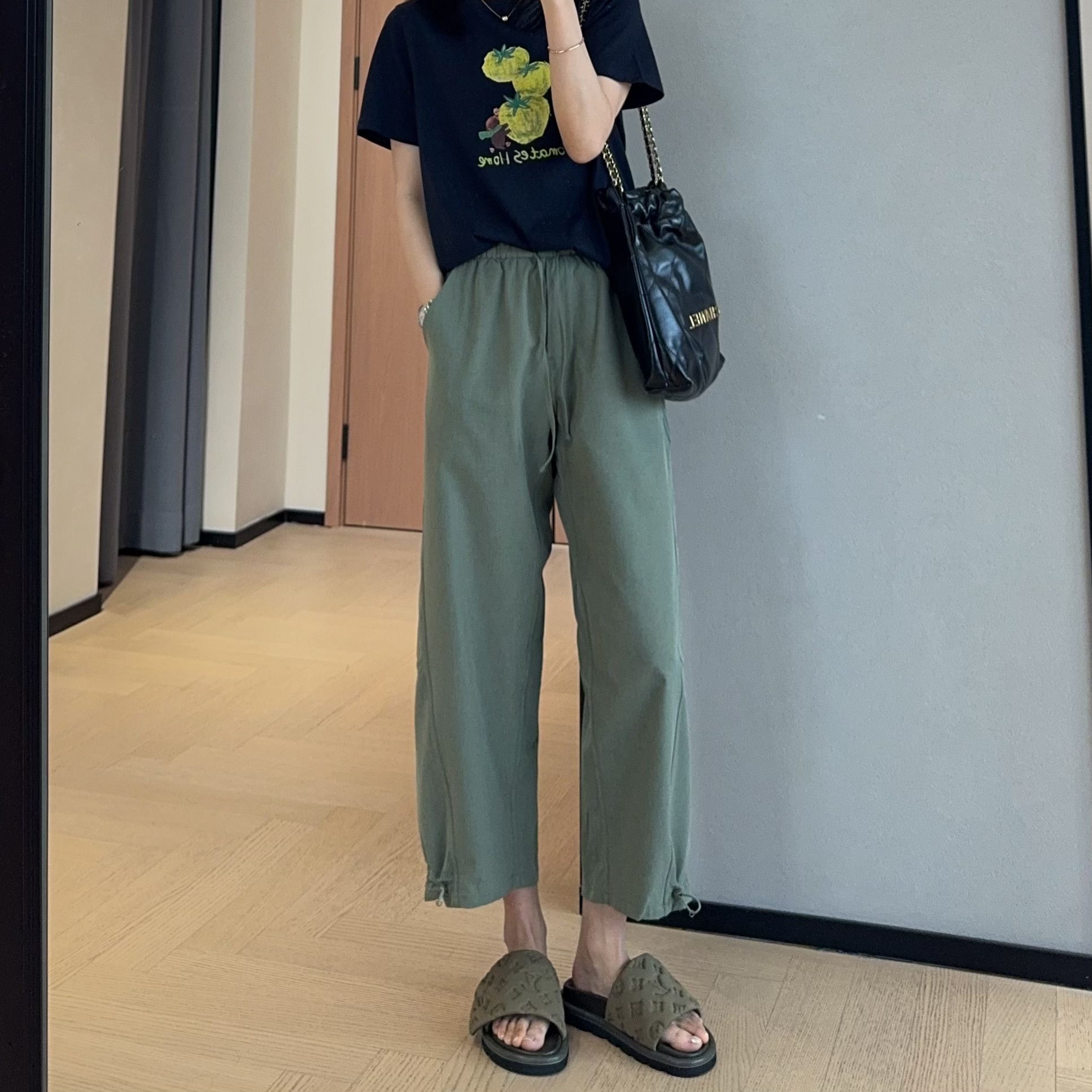 WTHEONE柜上L家轻盈速干透气可束脚直筒九分松紧腰休闲裤小个子女图片