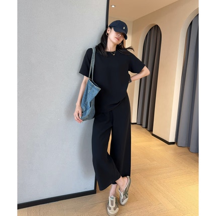WTHEONE松弛老钱风重磅醋酸混纺短袖上衣八分阔腿裤套装女2026夏