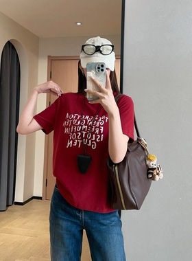 WTHEONE减龄洋气字母印花宽松显瘦百搭红色圆领短袖T恤女2026新款