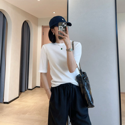 WTHEONE柜上800+柔软亲肤显瘦圆领五分袖弹力螺纹针织T恤女2025夏