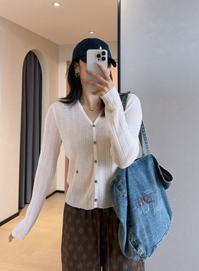 WTHEONE夏季防晒空调衫坑条纹理凉感短款长袖针织开衫女2026新款
