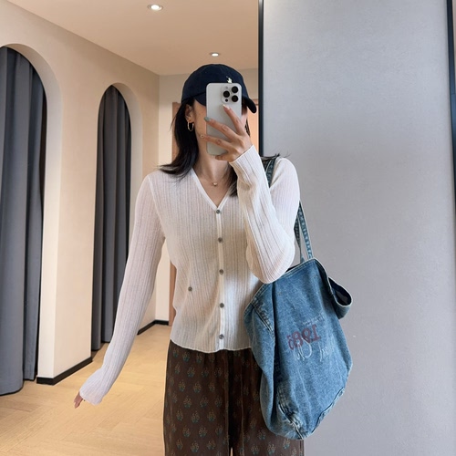 WTHEONE夏季防晒空调衫坑条纹理凉感短款长袖针织开衫女2026新款