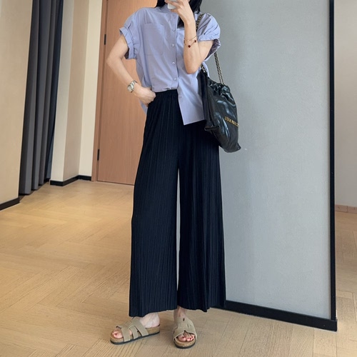 WTHEONE老钱风工字压褶皱垂顺抗皱宽松显瘦九分针织阔腿裤女夏新