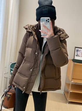 WTHEONE高端三星90白鸭绒lu家经典五格连帽羽绒服蓬松短款面包服