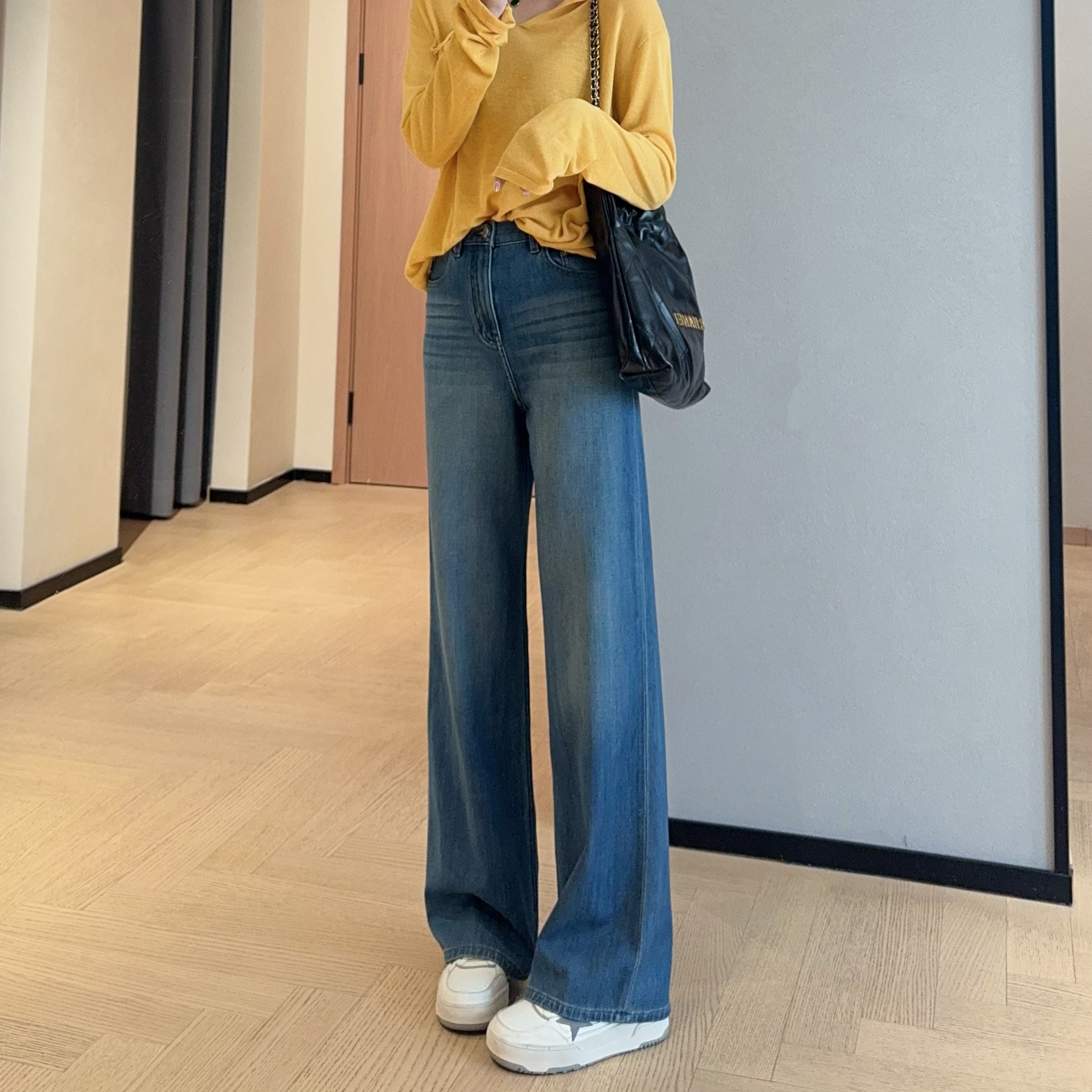 WTHEONE遮肉神器高品质垂坠有型显瘦高腰阔腿直筒牛仔裤女2025秋