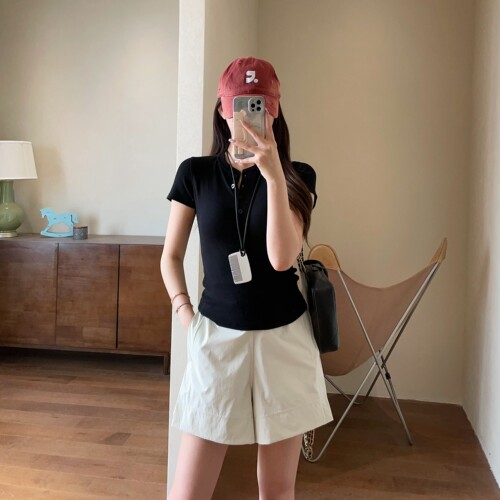 WTHEONE柜上580+高弹透气薄款亨利衫修身显瘦短袖T恤女2026新款夏