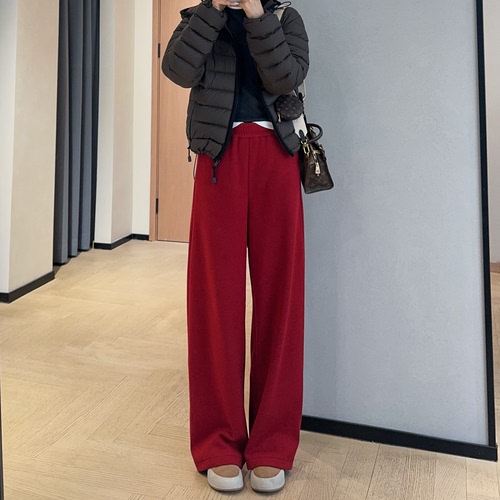 WTHEONE小众设计暗红色窄版加厚加绒阔腿直筒裤高腰休闲裤女冬新