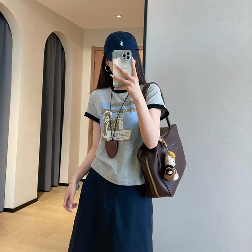 WTHEONE美式复古撞色摇滚印花撞色包边修身短款圆领短袖T恤女春夏