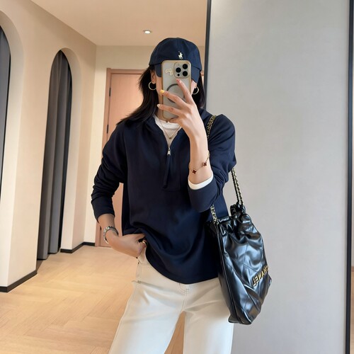 高品质麻感棉混纺半拉链门襟叠穿连帽长袖打底衫T恤女2026秋新款