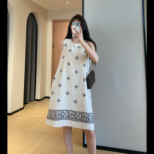 WTHEONE氛围感民族风印花背心裙天丝亚麻中长款A字无袖连衣裙女夏