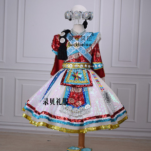 快乐阳光少数民族表演服装女童纳西族独唱演出服录贝礼服定制出租