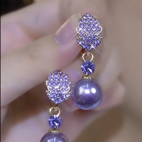 轻奢紫色满钻树叶珍珠耳环