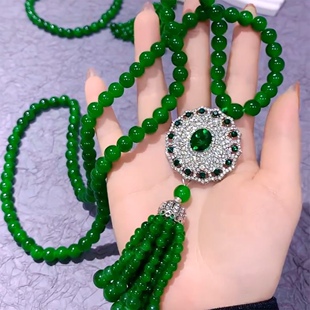 雍容华贵高级感富贵绿镶钻如意流苏长款项链复古国风洋气绿珠项链