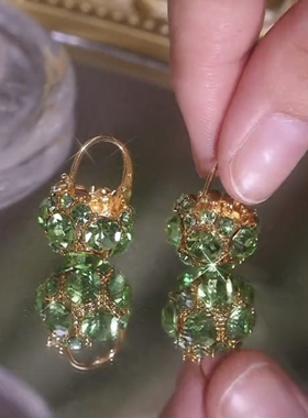 高级感绿色满钻提篮耳扣耳环女防丢设计网红百搭耳饰秋冬款耳坠潮
