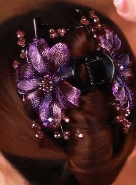 2025新款高端系列发夹女紫色玫瑰盘发抓夹手工编织铜丝花朵鲨鱼夹