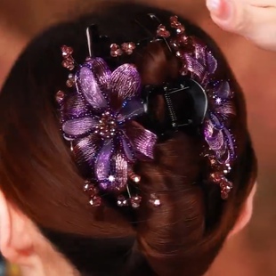2025新款高端系列发夹女紫色玫瑰盘发抓夹手工编织铜丝花朵鲨鱼夹