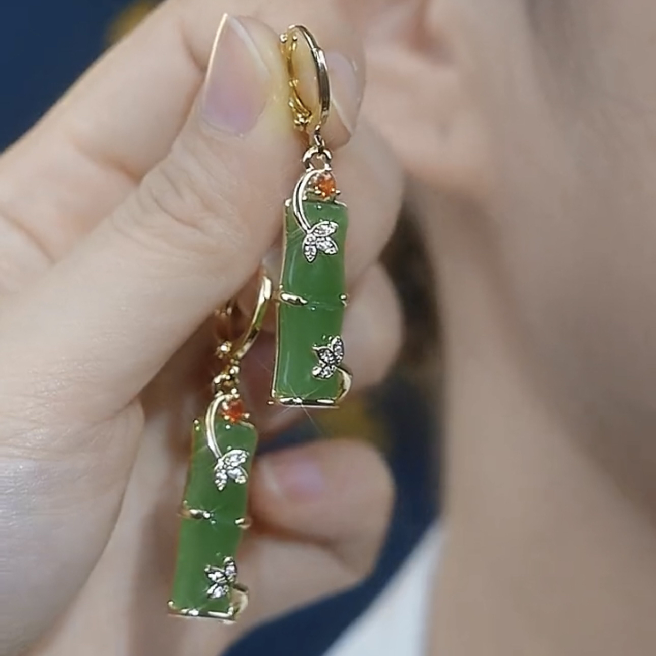 中国风耳环绿色猫眼石竹节耳饰