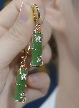 中国风耳环绿色猫眼石竹节耳饰