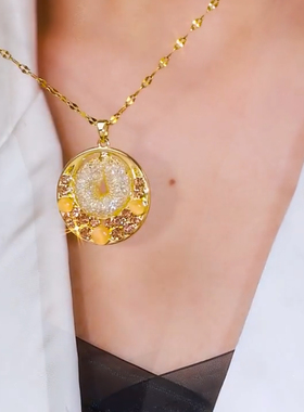 法式复古圆牌吊坠网纱钛钢项链小众设计感时尚气质颈链百搭锁骨链