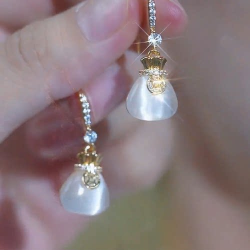 网红爆款猫眼石钱袋耳环2025年新款小众时尚气质百搭显瘦耳饰