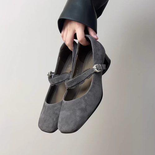 一字扣玛丽珍鞋法式方头粗跟百搭