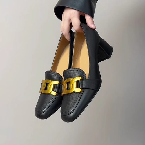 粗跟链条乐福鞋女方头优雅气质