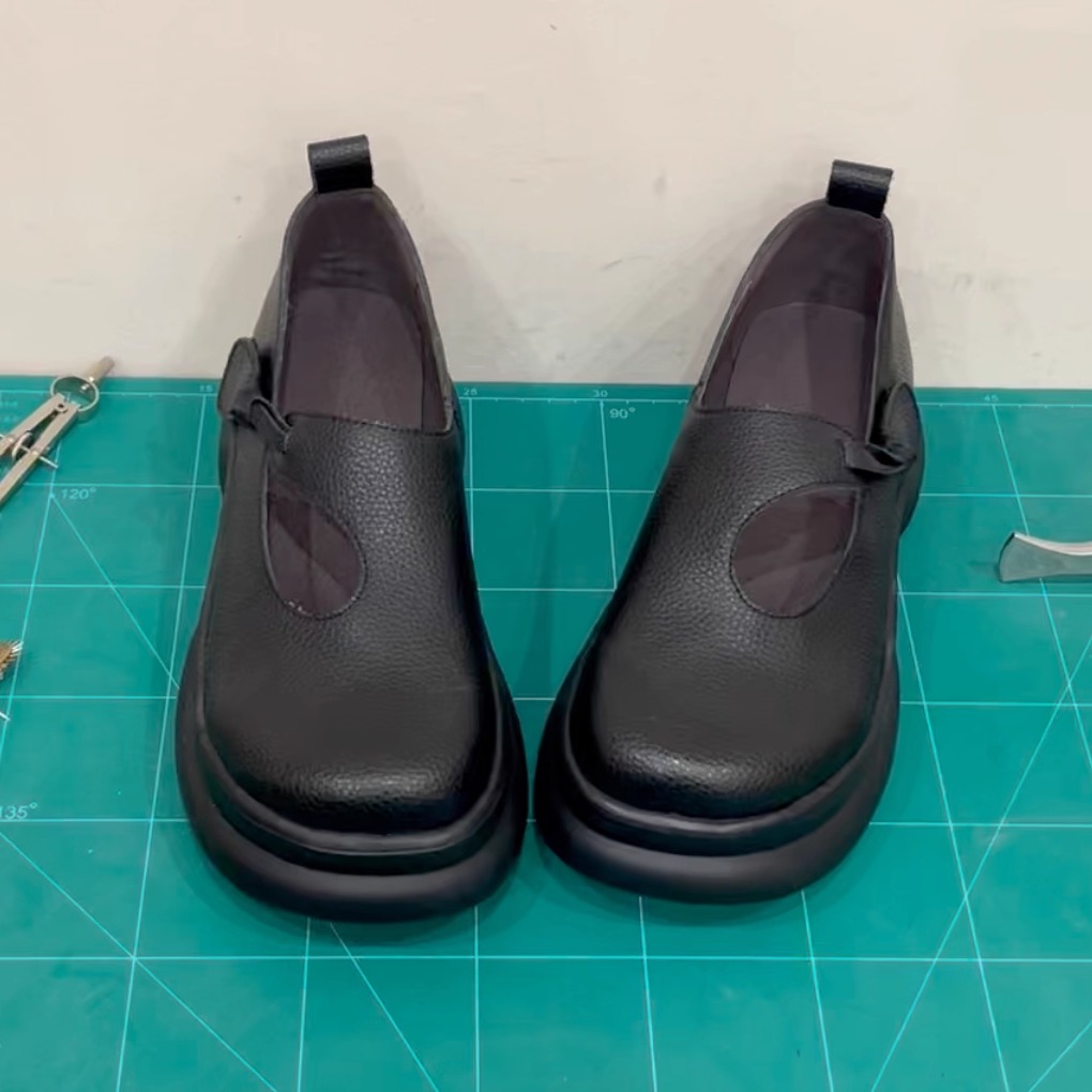 厚底乐福鞋圆头深口牛皮魔术贴