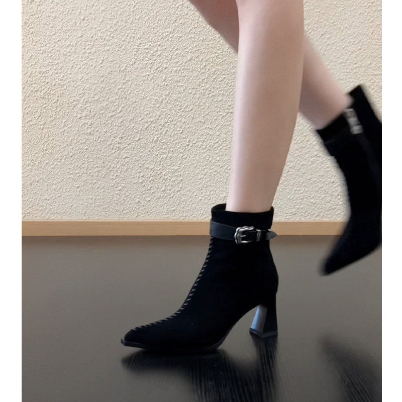RubyL/7cm法式粗跟尖头短靴女羊翻皮皮带扣侧拉链高跟瘦瘦靴显瘦