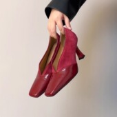 RubyL 女酒红色漆皮拼接粗跟通勤显瘦单鞋 7.5cm法式 方头高跟鞋