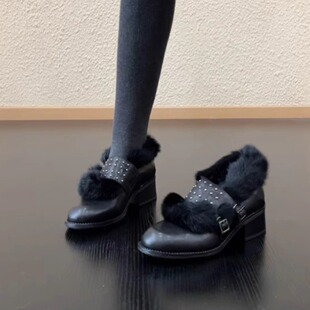 RubyL/5cm铆钉皮带扣毛毛乐福鞋女黑色粗跟牛皮加绒保暖单鞋百搭