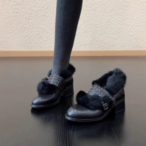 铆钉皮带扣毛毛乐福鞋女百搭