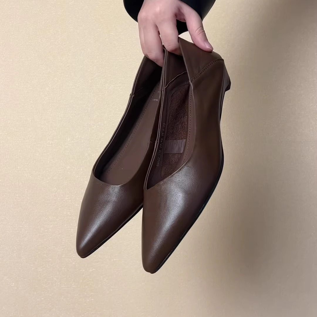 RubyL/3cm复古风棕色尖头浅口单鞋女牛皮百搭一脚蹬平底奶奶鞋,女鞋,浅口单鞋,淘宝优惠券,粉丝福利购,淘宝优惠卷