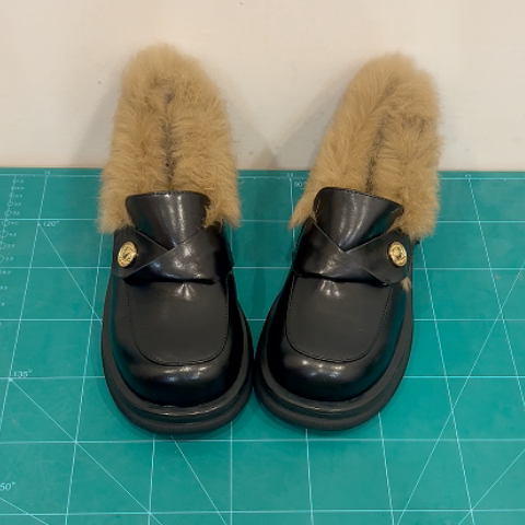 深口粗跟加绒毛毛乐福鞋兔毛领