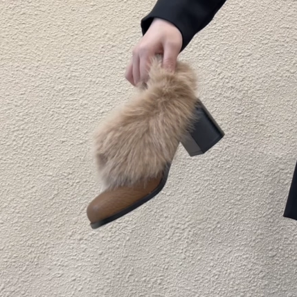 方头牛皮深口加绒单鞋高跟毛毛鞋