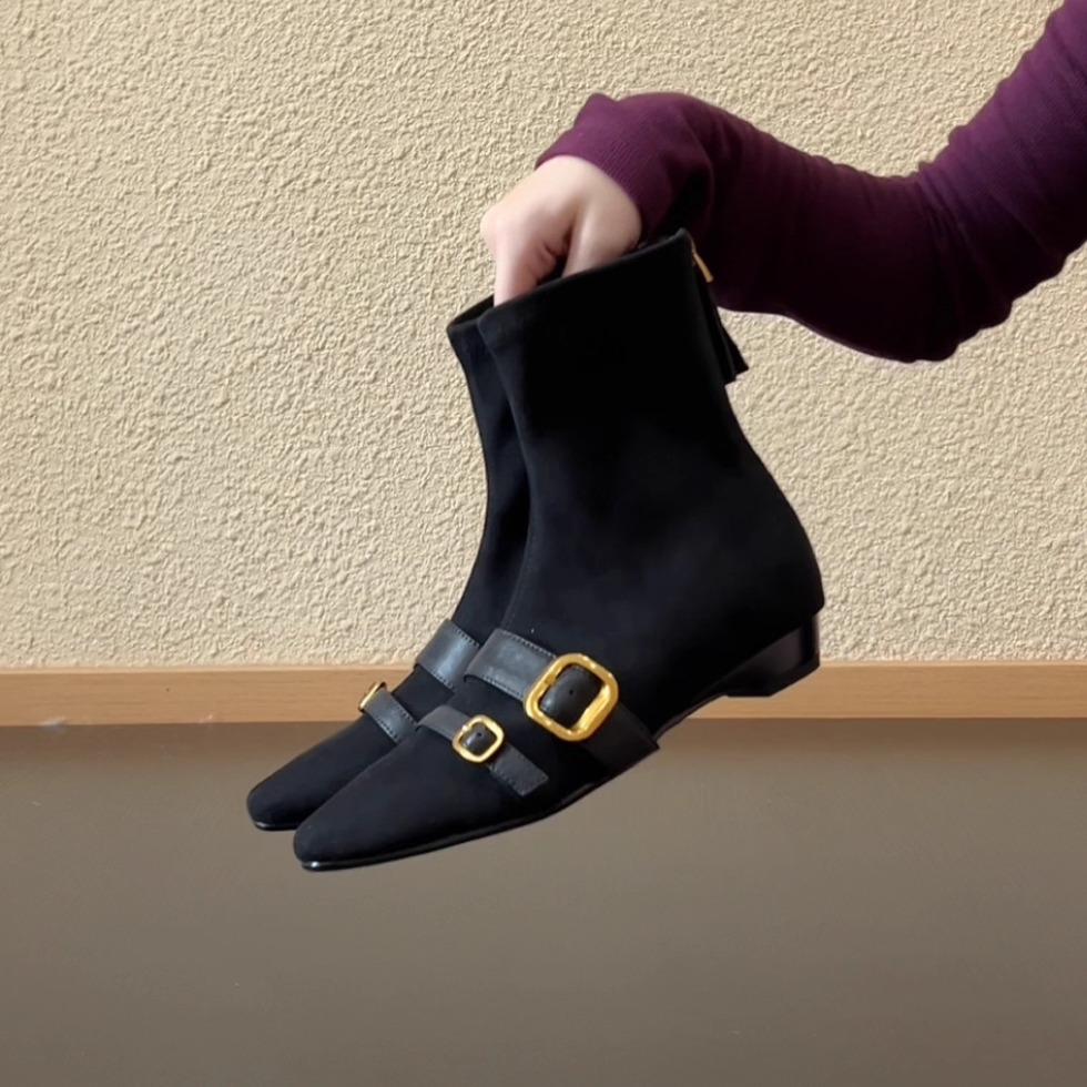 绒面短靴皮带扣方头低跟瘦瘦靴