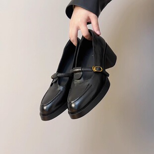 女粗跟高跟羊皮气质通勤乐福鞋 RubyL 5.5cm复古T字扣玛丽珍鞋