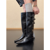 含内增4 RubyL 5cm 英伦风皮带扣可拆卸尖头长筒靴两穿堆堆靴