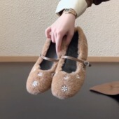 保暖毛绒玛丽珍圆头花朵浅口一字带内增高单鞋 RubyL 4.7cm冬季 女