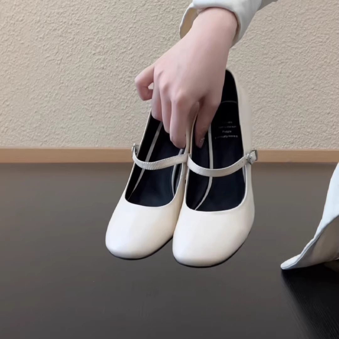 RubyL/8cm法式一字带玛丽珍羊皮粗跟圆头浅口单鞋优雅气质高跟鞋