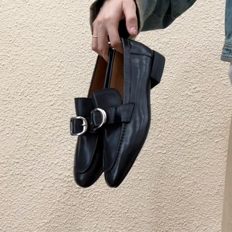 圆头牛皮粗跟乐福鞋一脚蹬小皮鞋