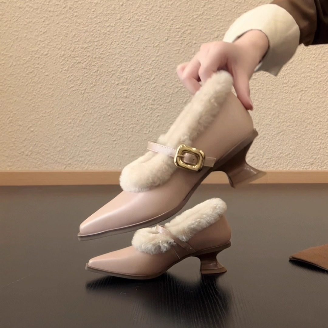 RubyL/4.5cm毛绒玛丽珍鞋女法式气质尖头粗跟一字带扣保暖高跟鞋,女鞋,玛丽珍鞋,淘宝优惠券,粉丝福利购,淘宝优惠卷
