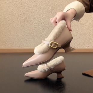 RubyL/4.5cm毛绒玛丽珍鞋女法式气质尖头粗跟一字带扣保暖高跟鞋