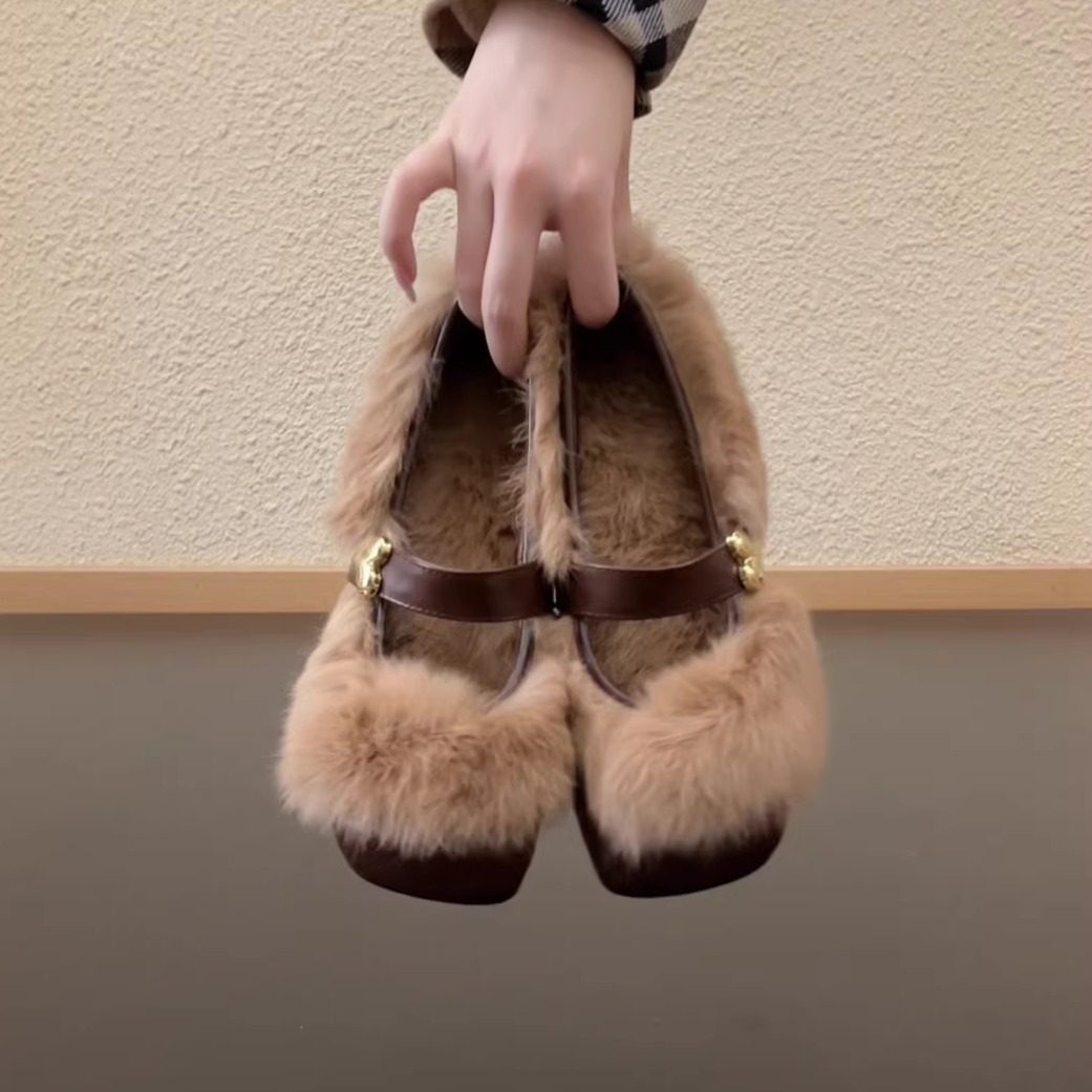 RubyL/3.2cm复古牛皮浅口爱心金属扣一字带保暖兔毛玛丽珍毛毛鞋,女鞋,玛丽珍鞋,淘宝优惠券,粉丝福利购,淘宝优惠卷