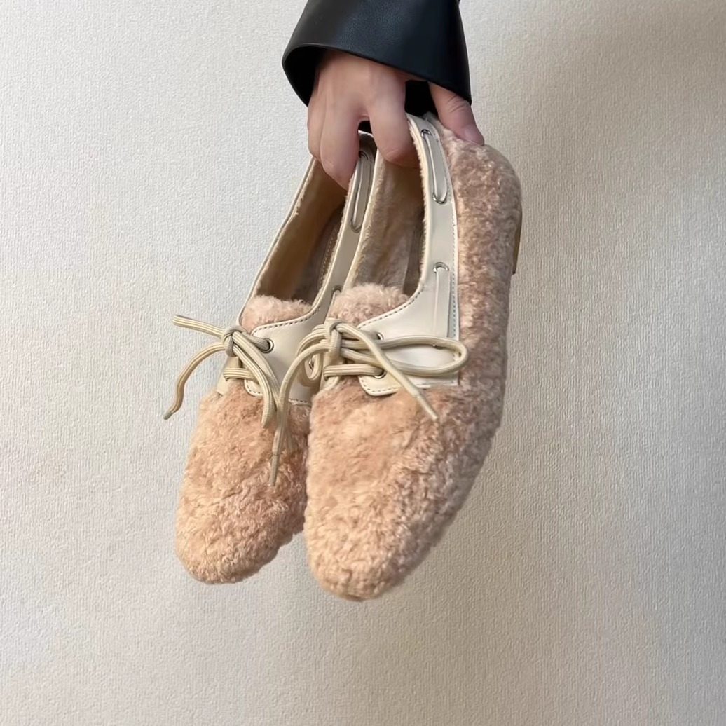 RubyL/1cm时尚百搭羊皮软底系带拼接毛毛鞋女鞋舒适休闲平底单鞋,女鞋,深口单鞋,淘宝优惠券,粉丝福利购,淘宝优惠卷