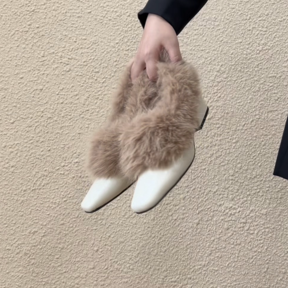 方头粗跟毛毛鞋一脚蹬深口单鞋