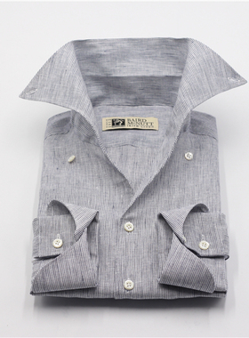 英国进口面料男士一片领蓝色亚麻衬衫定制 夏季修身长袖休闲衬衣